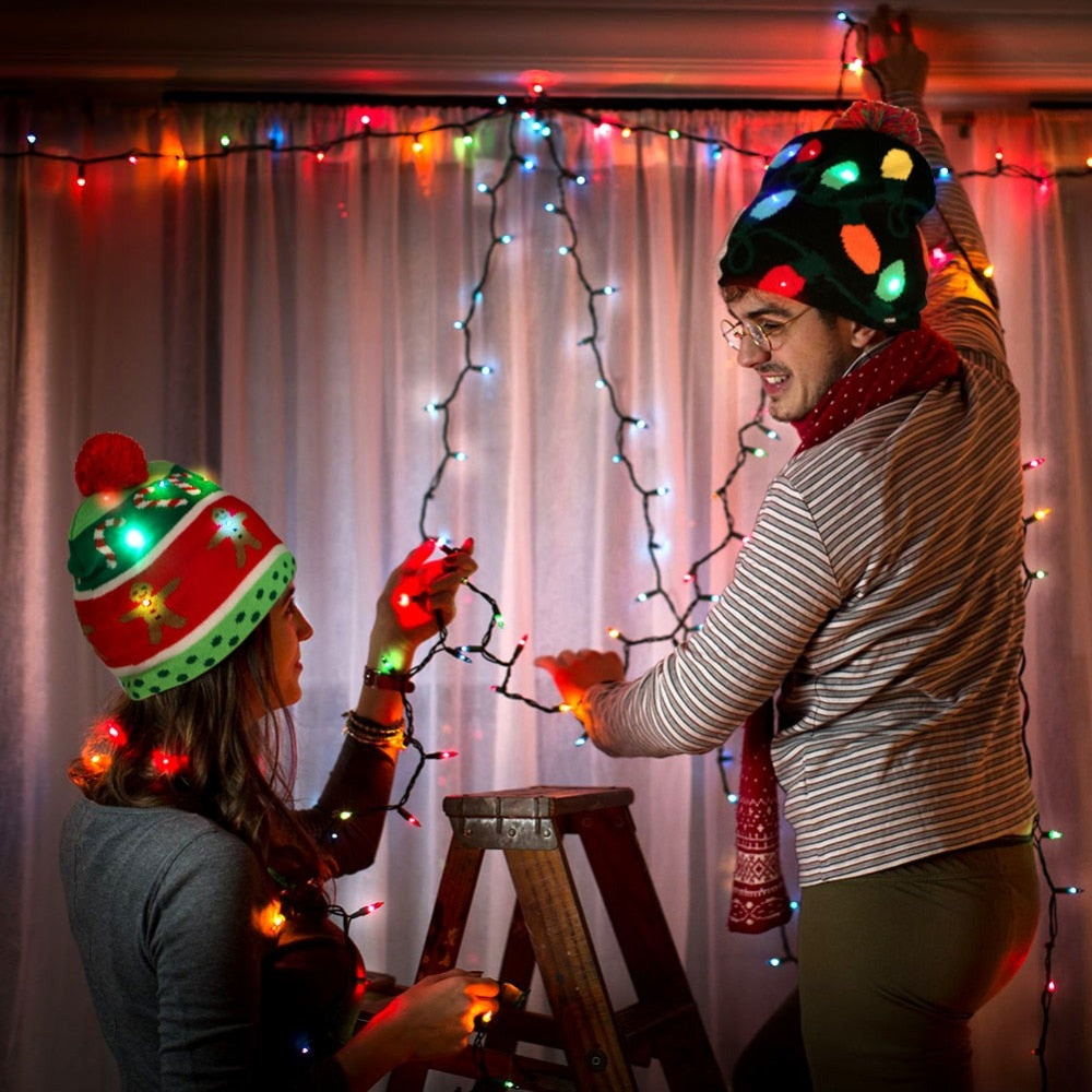 ¡A la venta! Gorro navideño de punto con luz LED para niños y adultos, gorro cálido iluminado, decoración navideña de Año Nuevo, 2023.