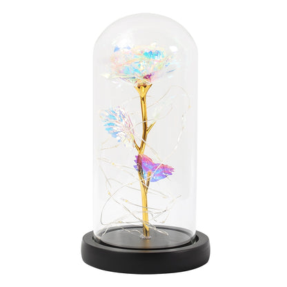 LED, Rosa encantada, flor de lámina de oro de 24K eterna con cadena de luces de hadas en la cúpula para regalo de Navidad y Día de San Valentín.