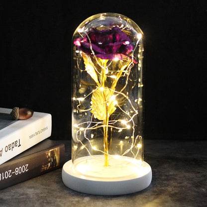 LED, Rosa encantada, flor de lámina de oro de 24K eterna con cadena de luces de hadas en la cúpula para regalo de Navidad y Día de San Valentín.