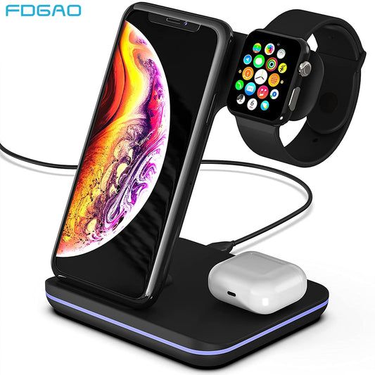 Soporte de cargador inalámbrico Qi 3 en 1, estación de carga rápida para iPhone 14, 13, 12, 11, XR, 8, Apple Watch 7, Airpods Pro, iWatch