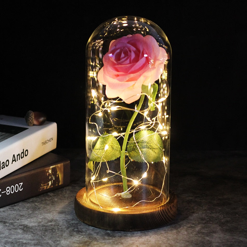 LED, Rosa encantada, flor de lámina de oro de 24K eterna con cadena de luces de hadas en la cúpula para regalo de Navidad y Día de San Valentín.