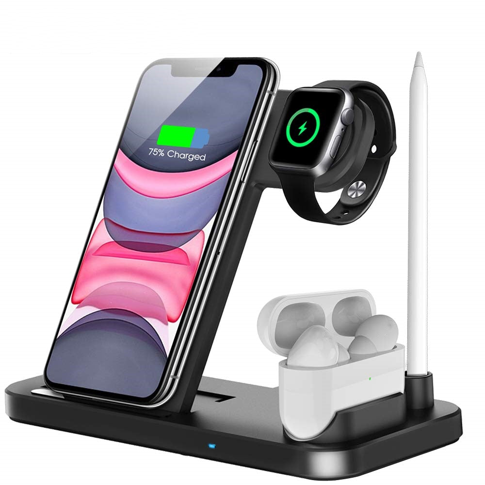 Soporte de cargador inalámbrico rápido Qi de 15W para iPhone 14 13 12 11 8 Apple Watch 4 en 1, estación de carga plegable para Airpods Pro iWatch