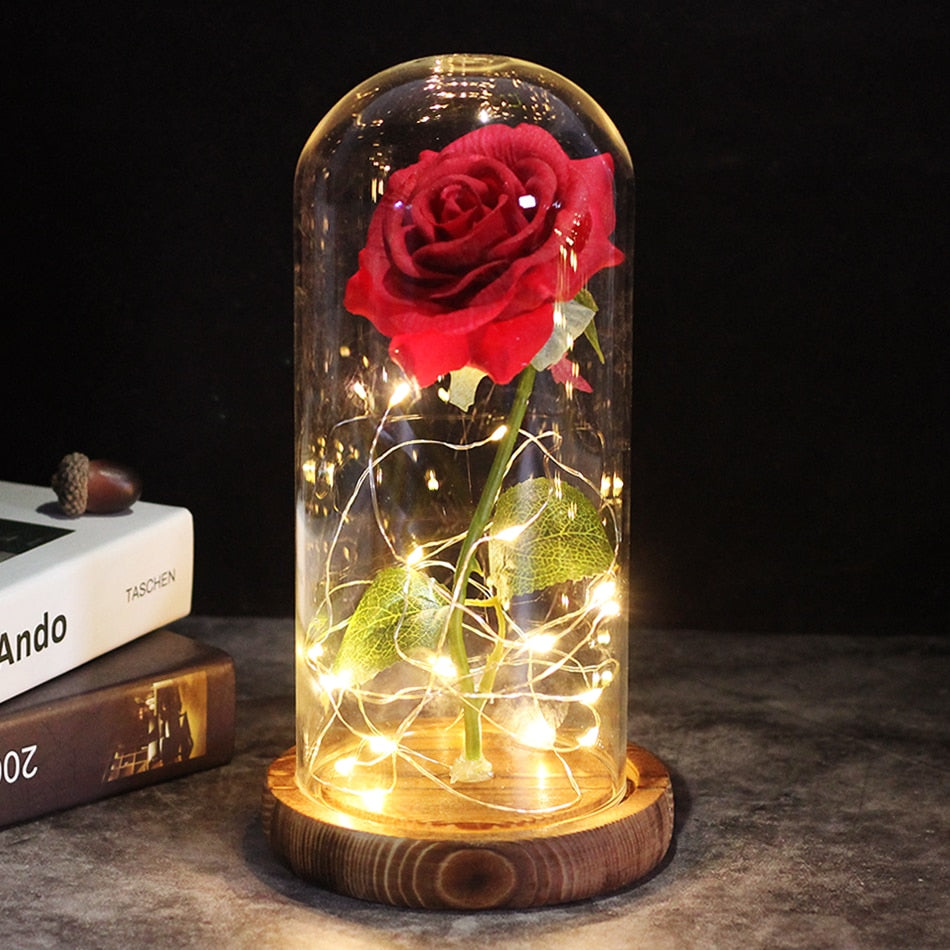 LED, Rosa encantada, flor de lámina de oro de 24K eterna con cadena de luces de hadas en la cúpula para regalo de Navidad y Día de San Valentín.