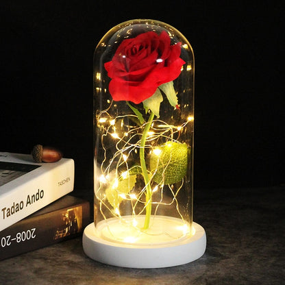 LED, Rosa encantada, flor de lámina de oro de 24K eterna con cadena de luces de hadas en la cúpula para regalo de Navidad y Día de San Valentín.