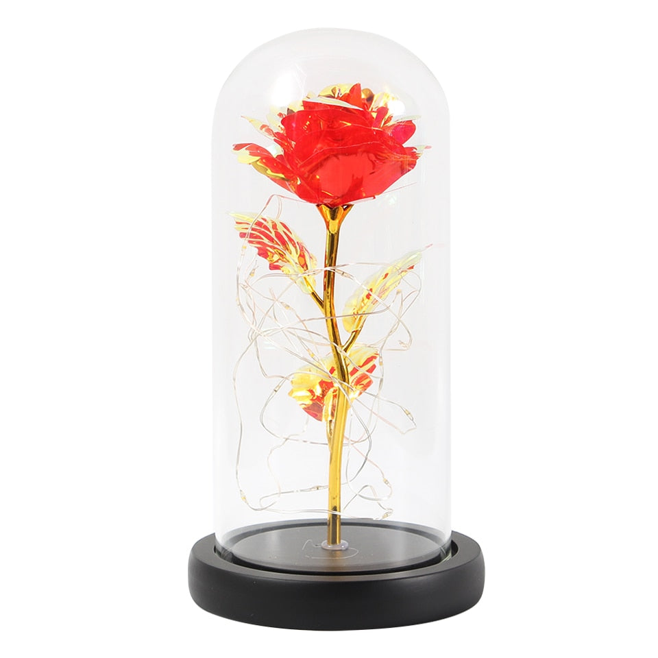 LED, Rosa encantada, flor de lámina de oro de 24K eterna con cadena de luces de hadas en la cúpula para regalo de Navidad y Día de San Valentín.