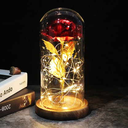 LED, Rosa encantada, flor de lámina de oro de 24K eterna con cadena de luces de hadas en la cúpula para regalo de Navidad y Día de San Valentín.