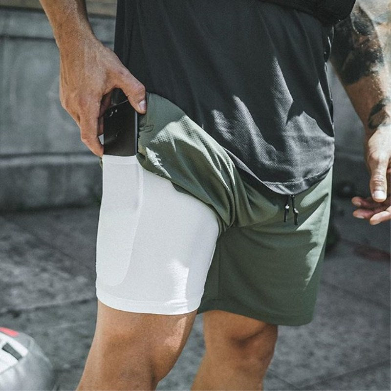 Pantalones cortos para hombre, ropa deportiva 2 en 1, para gimnasio, culturismo, entrenamiento, de secado rápido, para playa, verano