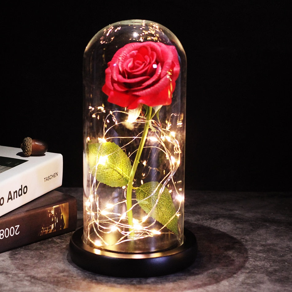 LED, Rosa encantada, flor de lámina de oro de 24K eterna con cadena de luces de hadas en la cúpula para regalo de Navidad y Día de San Valentín.