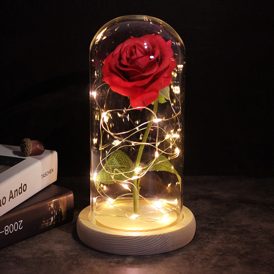 LED, Rosa encantada, flor de lámina de oro de 24K eterna con cadena de luces de hadas en la cúpula para regalo de Navidad y Día de San Valentín.