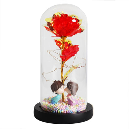 LED, Rosa encantada, flor de lámina de oro de 24K eterna con cadena de luces de hadas en la cúpula para regalo de Navidad y Día de San Valentín.