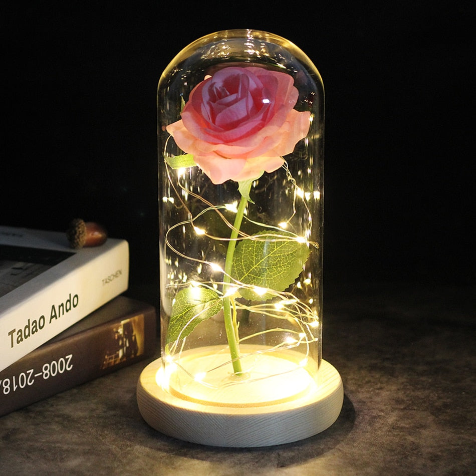 LED, Rosa encantada, flor de lámina de oro de 24K eterna con cadena de luces de hadas en la cúpula para regalo de Navidad y Día de San Valentín.