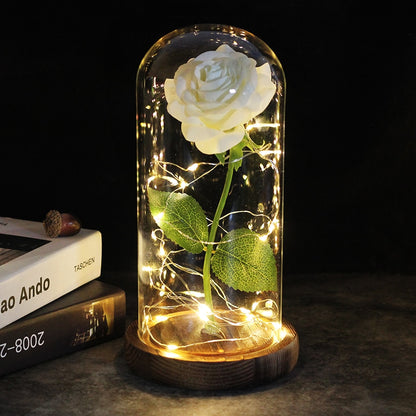 LED, Rosa encantada, flor de lámina de oro de 24K eterna con cadena de luces de hadas en la cúpula para regalo de Navidad y Día de San Valentín.