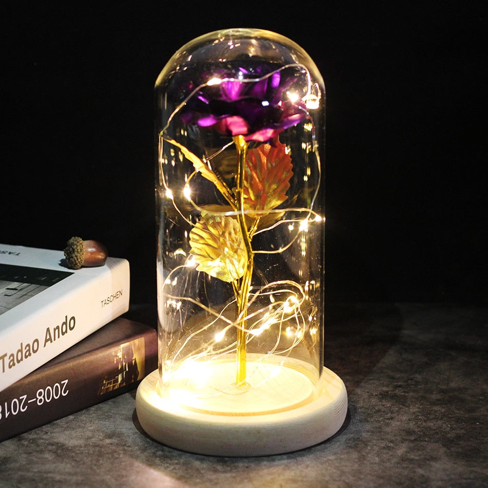 LED, Rosa encantada, flor de lámina de oro de 24K eterna con cadena de luces de hadas en la cúpula para regalo de Navidad y Día de San Valentín.