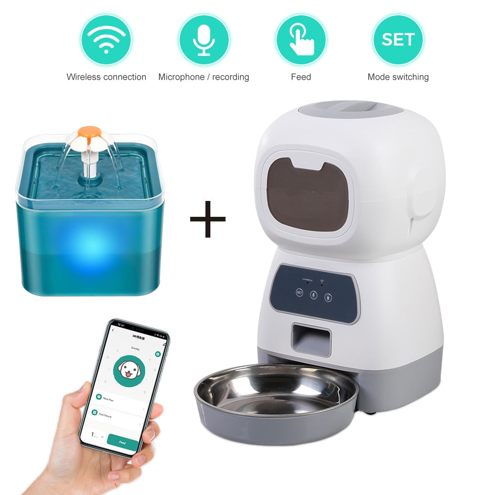 Alimentador automático para mascotas, fuente de bebida automática de 3,5 l, dosificador inteligente temporizado con aplicación WiFi.